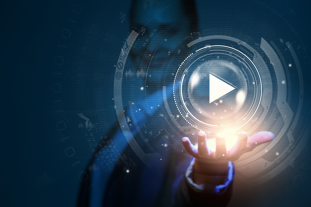 Close up of businesswoman pressing media play icon-1